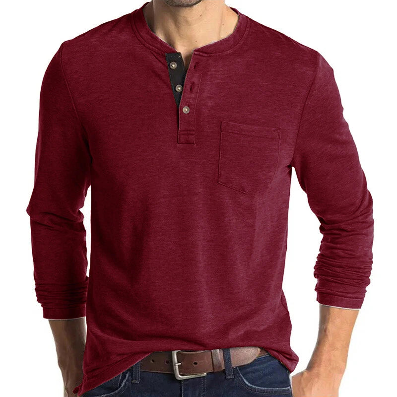Mens Long Sleeve Henley Shirt Casual Slim Shirts Button Tops Blouse