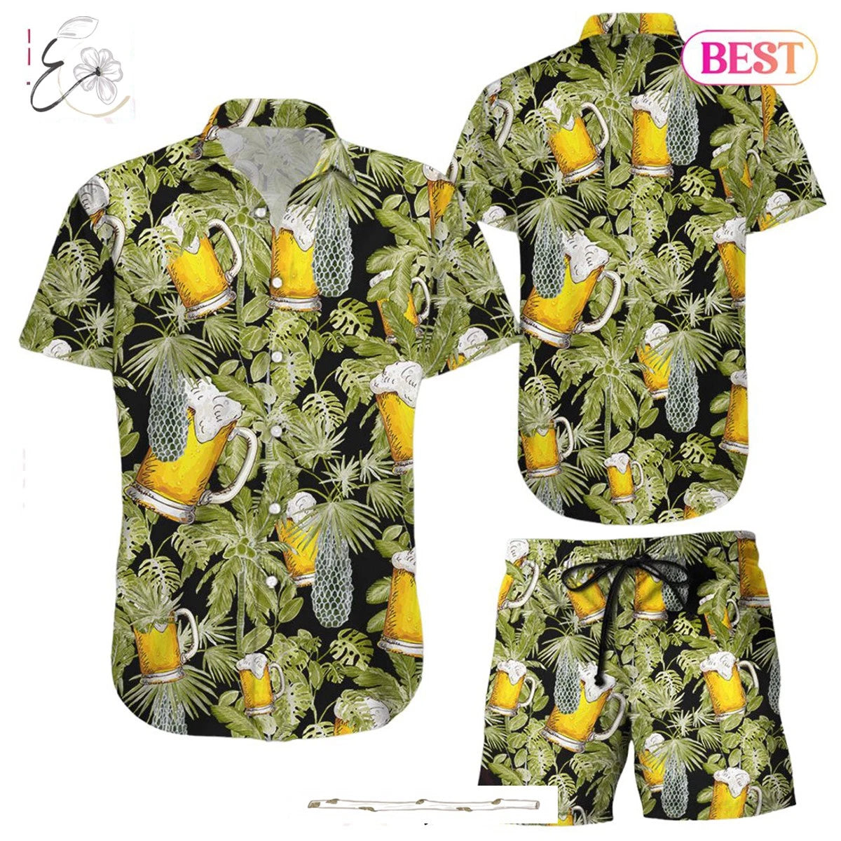 Beer Hawaiian Shirt Tropical Beer Palms Pattern Button Down Shirts Summer Holida