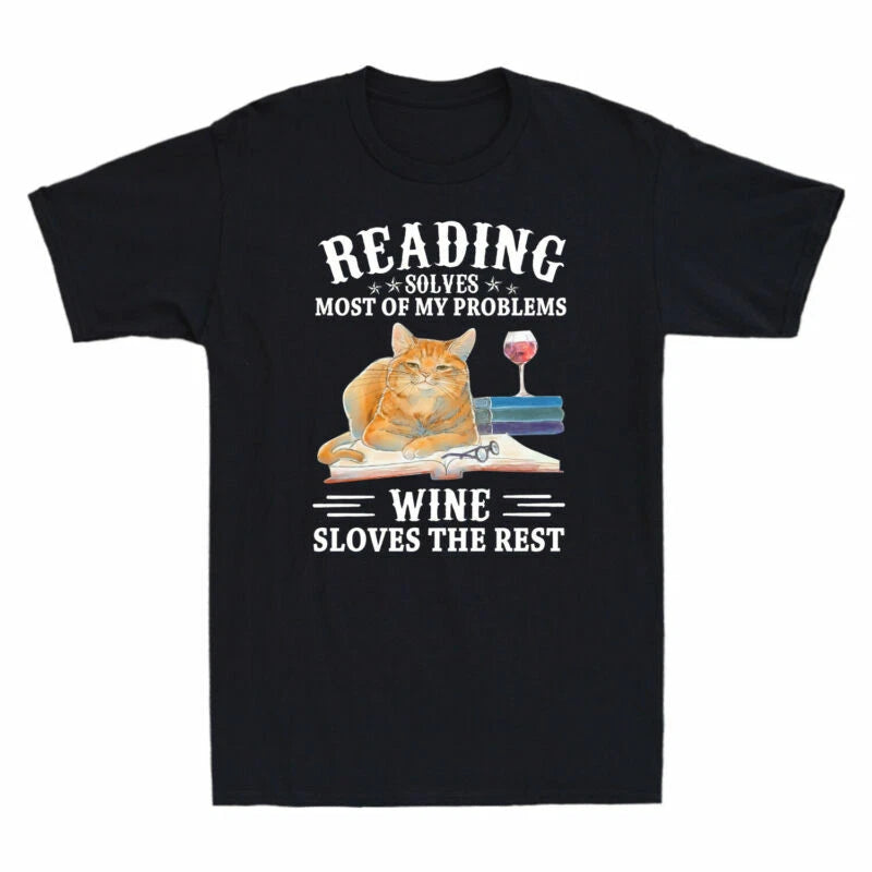 Cat Reading Solves Most Of My Problems Wine Solves The Rest Retro Men's T Shirt