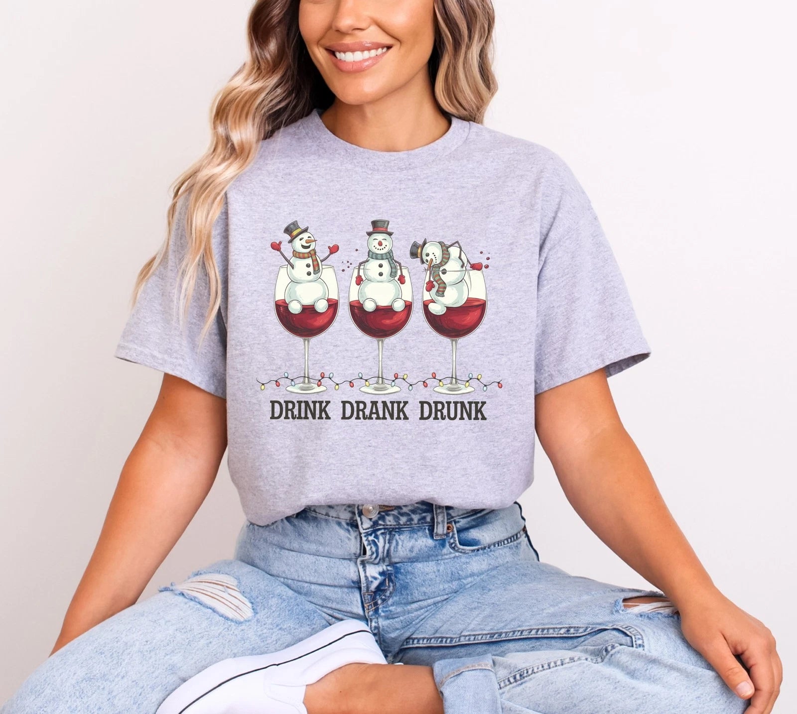 Drink Drank Drunk Snowman T-Shirt, Funny Christmas Wine Tee, Holiday Shirt