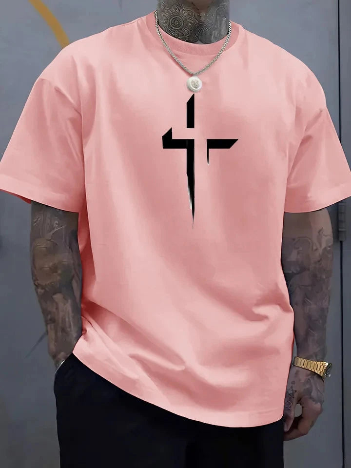 Men T Shirt 100% Cotton Round Neck Short Sleeve Cross Print Plus Size Loose Fit