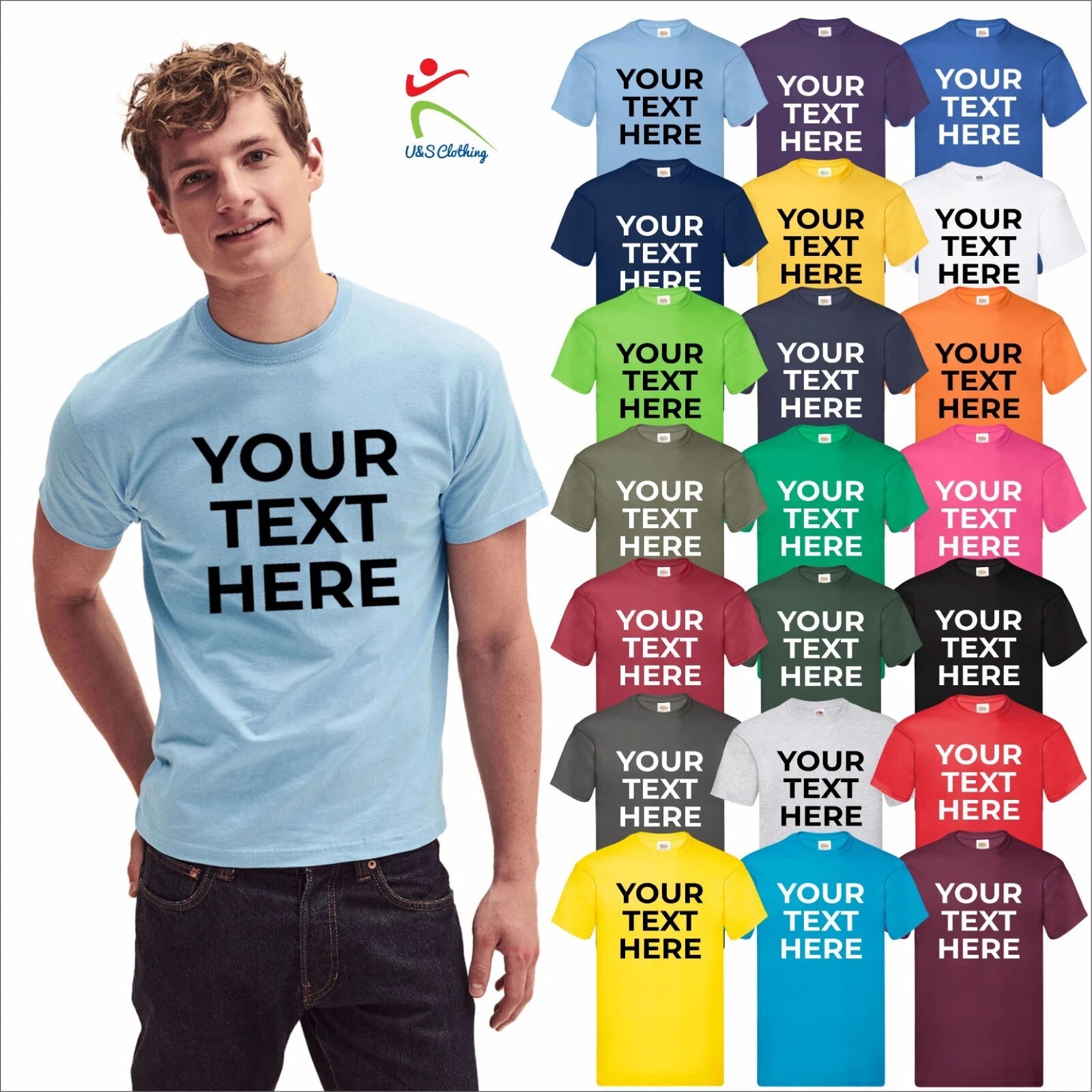 Fruit Of The Loom Personalised Mens Origional Cotton Custom Text T-Shirt S-5XL
