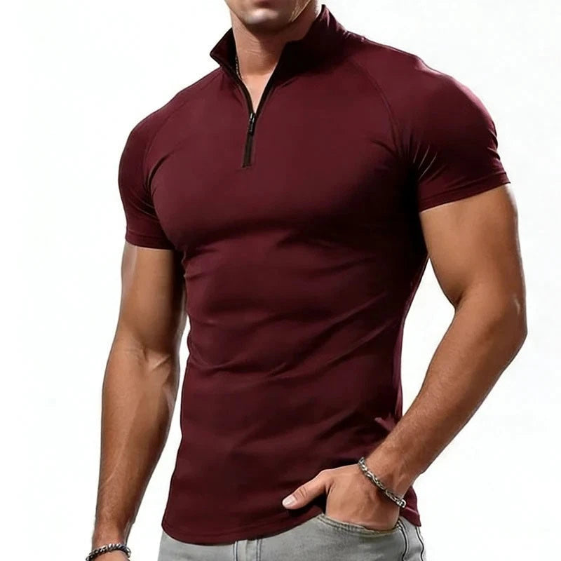 Camiseta Con Cuello Levantado Y Cremallera Para Hombre Camisa De Manga Corta Men