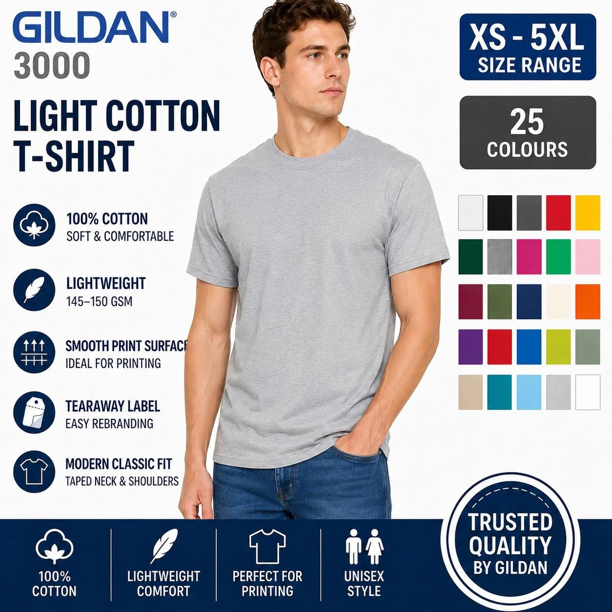 Gildan Light Cotton T Shirt Mens Plain Soft Crew Neck Tee XS-5XL 25 Colours