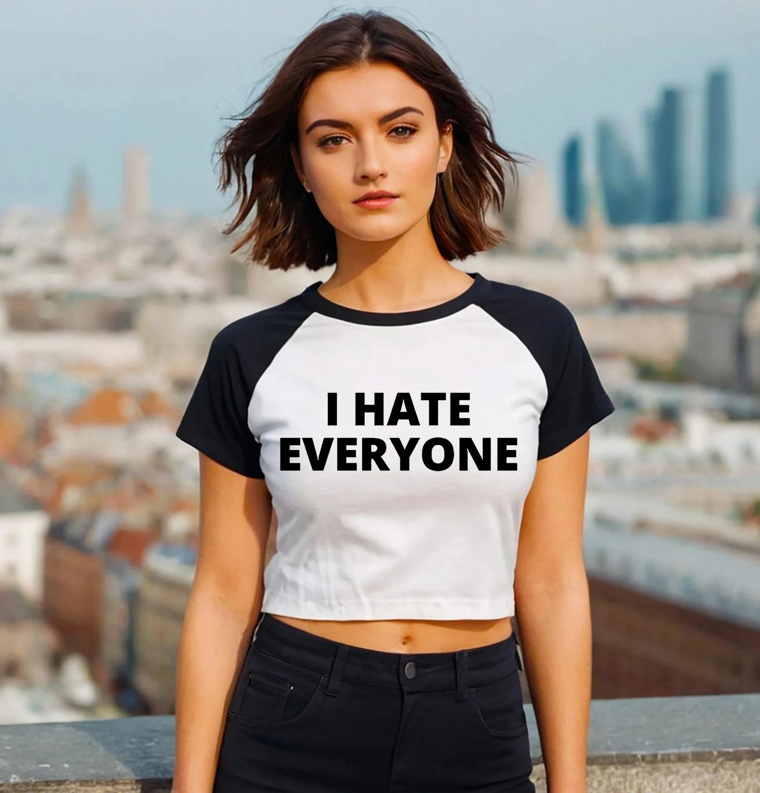 I Hate Everyone | Baby Joke Tees | Casual Simple Letter | Ladies Raglan Crop Top