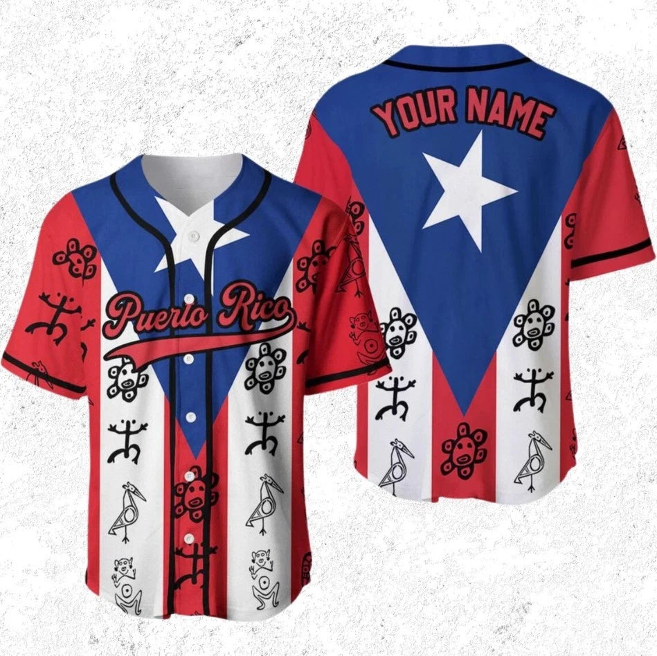 Puerto Rico Custom Name Baseball Jersey | Taíno Pattern Flag Button-Up | Unisex