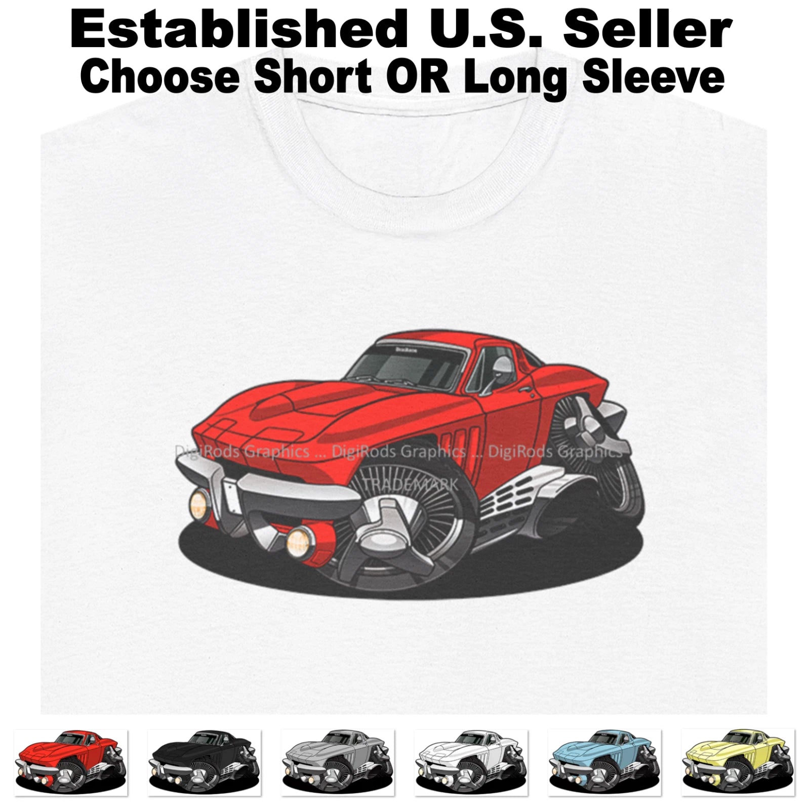 DigiRods Corvette C2 Vintage Model Classic Cartoon Car White T Shirt