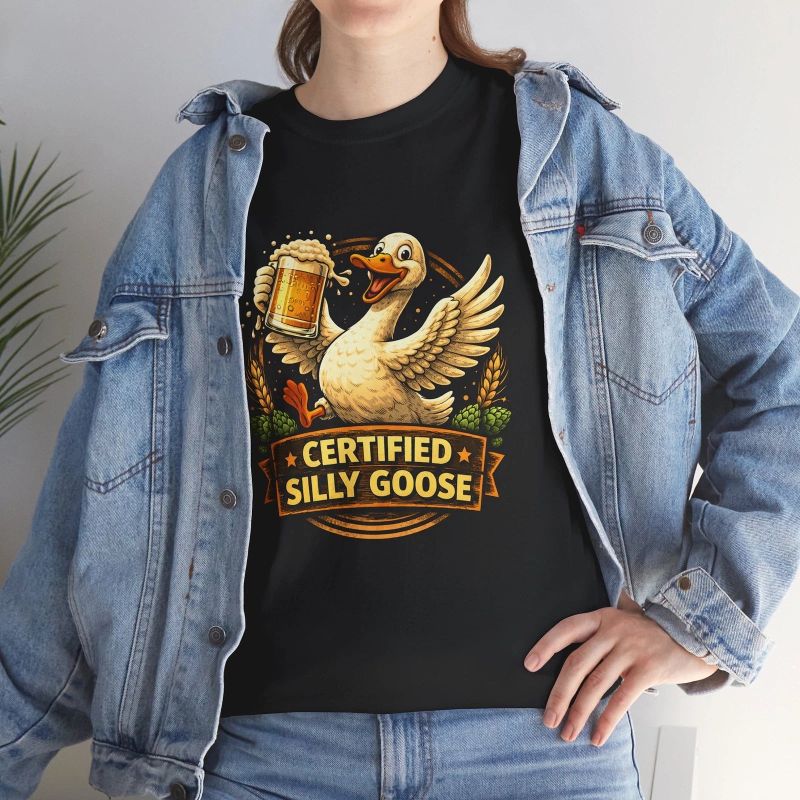 Certified Silly Goose Tee | Funny Duck Holding Beer, Humorous Animal Shirt