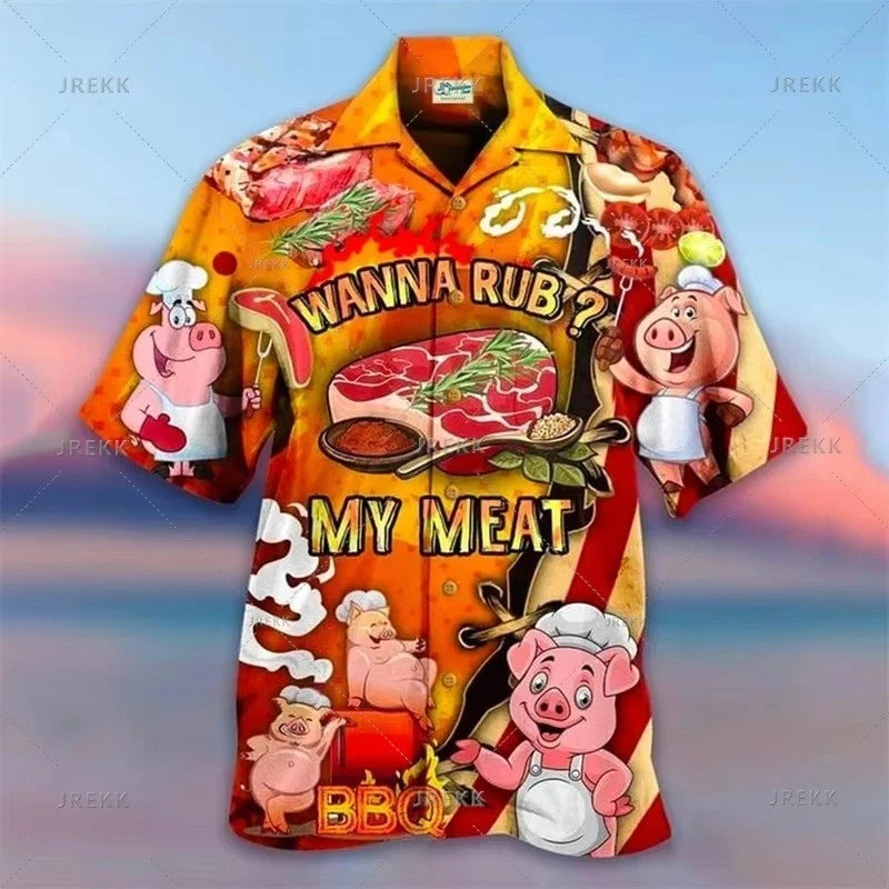 Mens Button Down Funny BBQ Pig Grill Meat Graphic Hawaiian Top Novelty Shirt