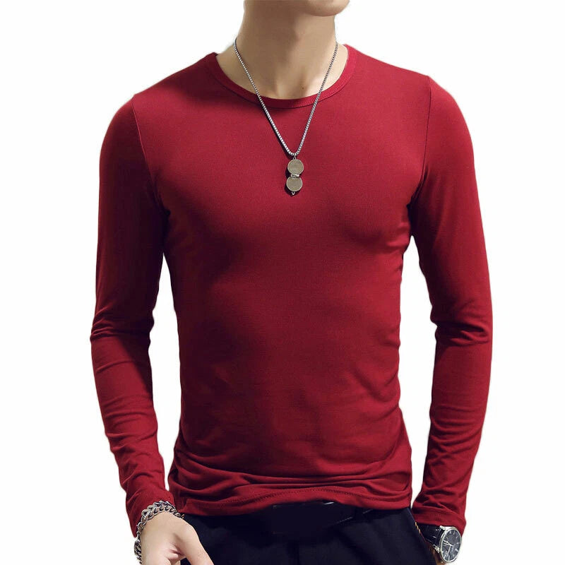 Men Long Sleeve T-Shirt Cotton Plain Crew Round Neck Casual Tee Base Tops M-3XL↖