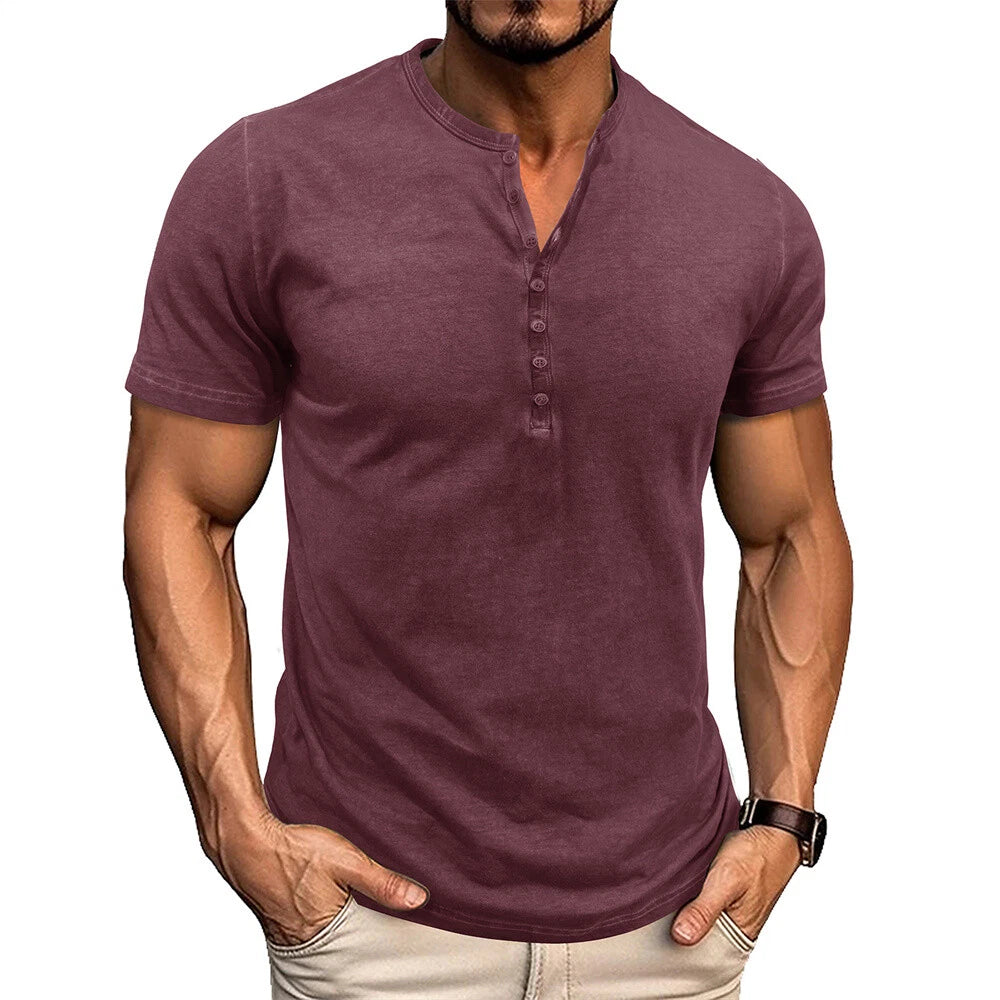 Mens Short Sleeve Henley Shirt Casual Slim Shirts Button Tops Blouse