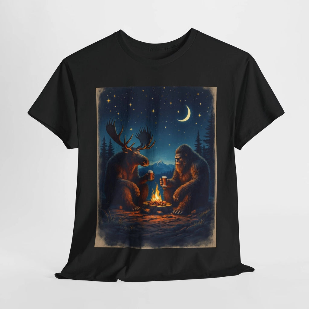 Moose and Bigfoot Drinking Beer T-Shirt Whimsical Campfire Gift Campers Hikers