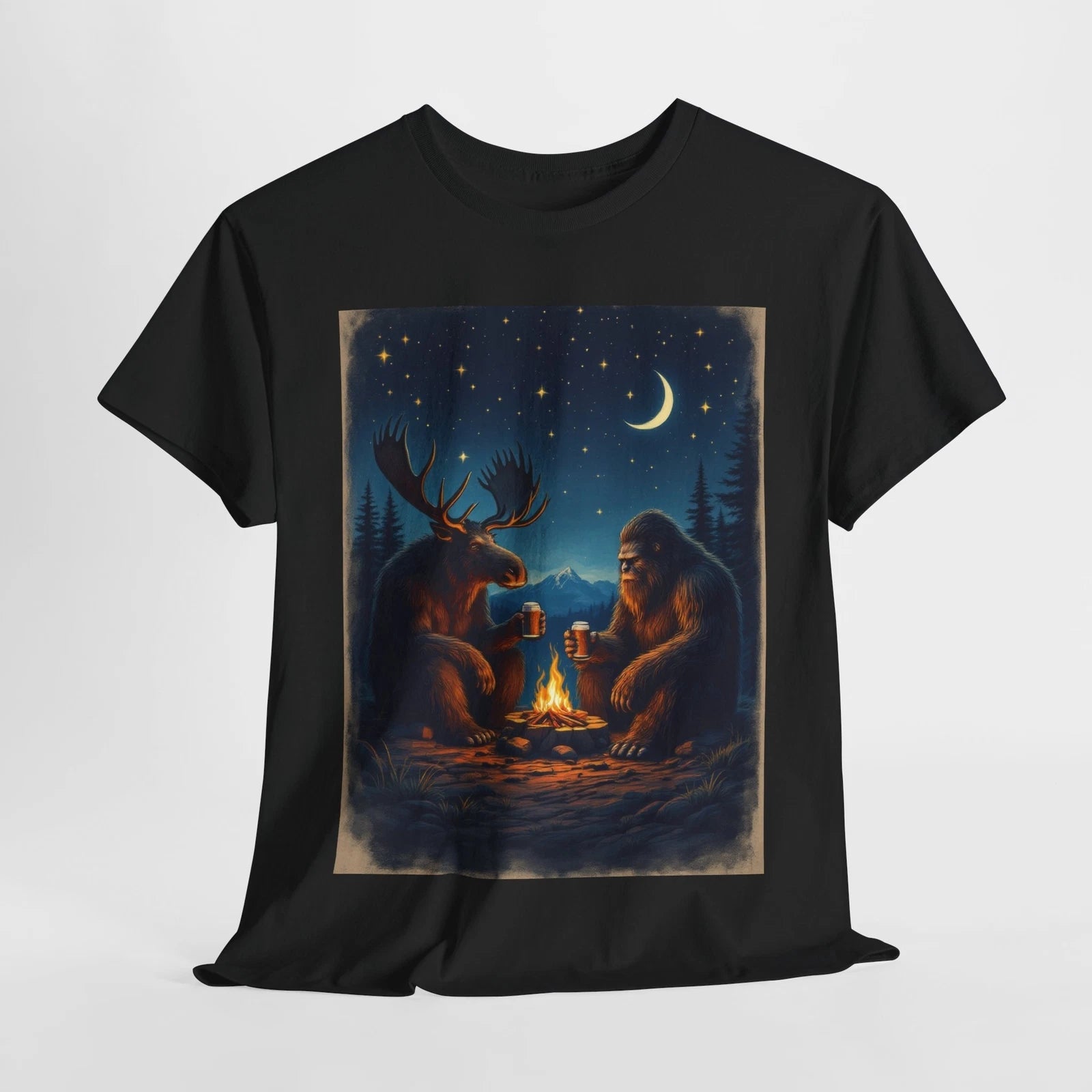 Moose and Bigfoot Drinking Beer T-Shirt Whimsical Campfire Gift Campers Hikers