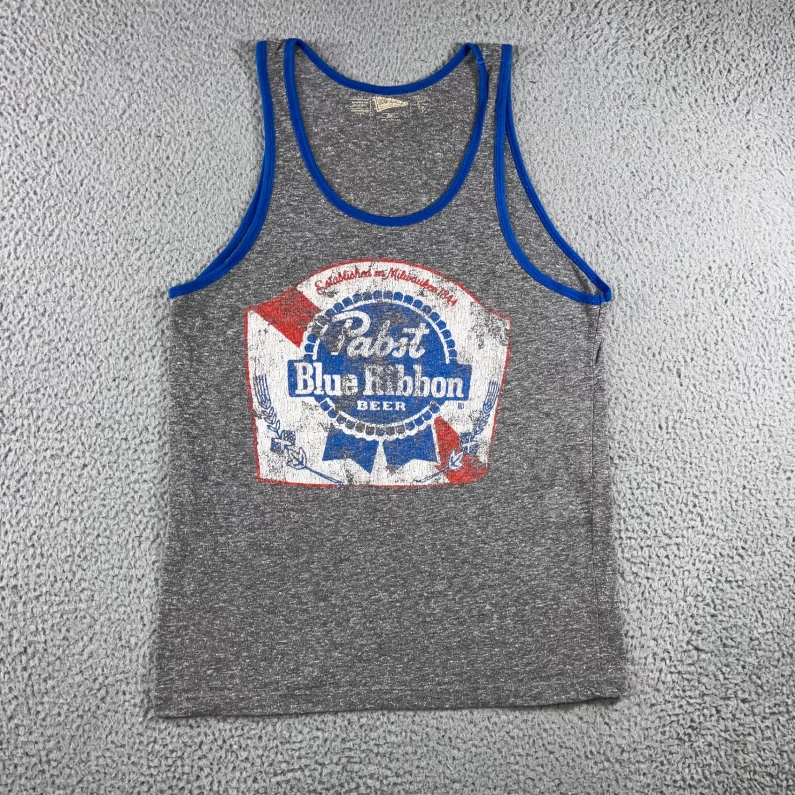 Distant Replay Tank Top Mens Small Pabst Blue Ribbon PBR Heather Gray Ringer