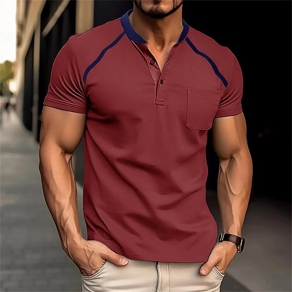 Mens Henley Shirt Casual Slim Shirts Short Sleeve Button Tops Blouse