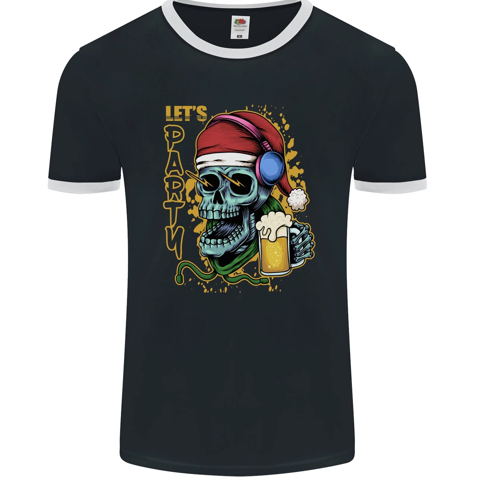 Christmas Party Skull Drinking Beer Alcohol Mens Ringer T-Shirt FotL