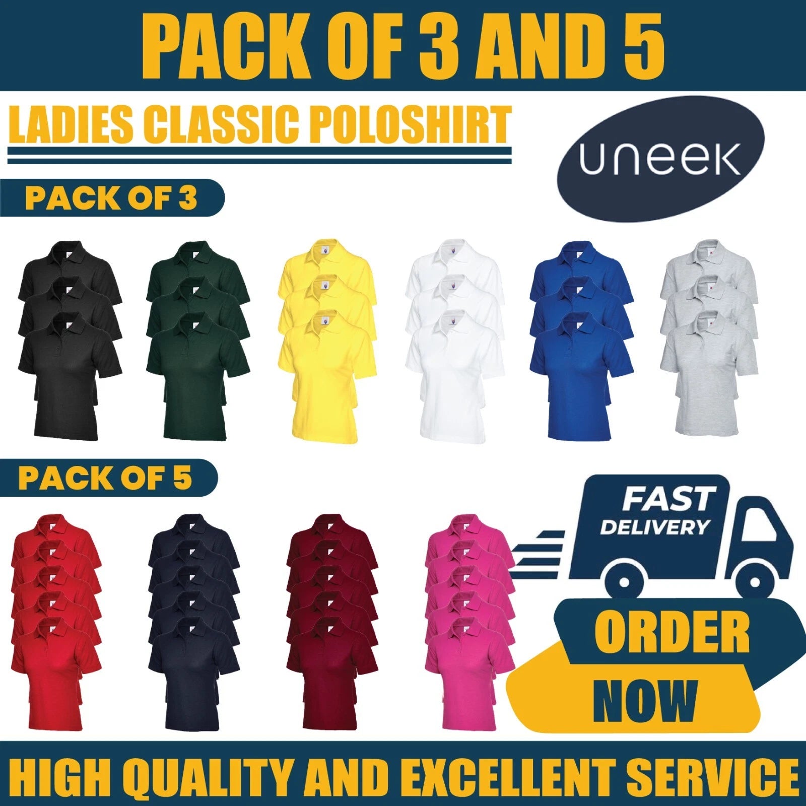 PACK of 3 & 5 Uneek Ladies Classic Polo shirt MULTI PACK workwear top UC106