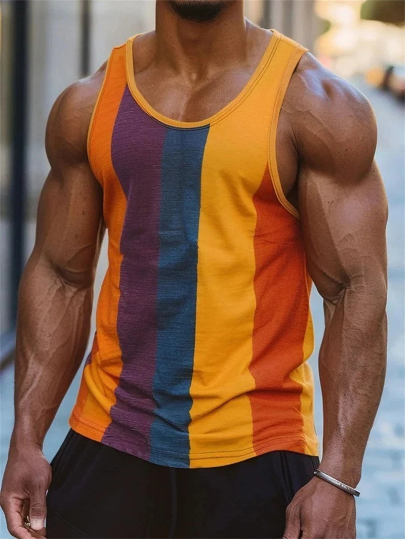 Men Retro Striped Graphic Tank Top Casual Sleeveless Vest Breathable Summer Tee