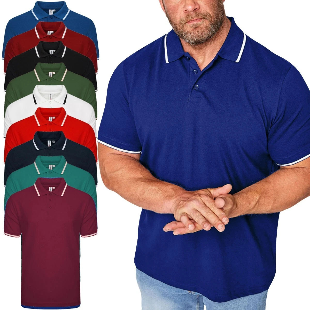 Mens Tipping Polo Big King Size Short Sleeve Plain Casual Top With Pocket Tshirt