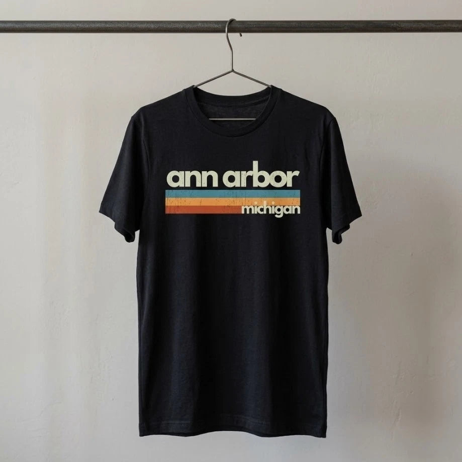 Ann Arbor Michigan Shirt Distressed 70s Striped Souvenir Hometown Graphic Tee