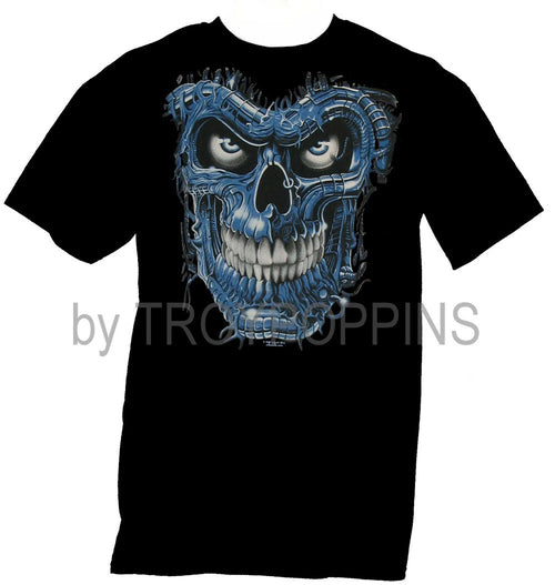 1-TERMINATOR SKULL BLUE EVIL ROBOT FACE HALLOWEEN GEAR GRAPHIC PRINTED T-SHIRT