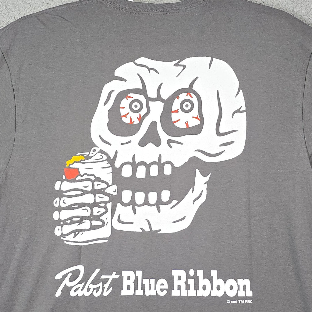 PBR Pabst Blue Ribbon SHIRT MENS LARGE GRAY BEER SKULL CASUAL DRINK PARTY NWT