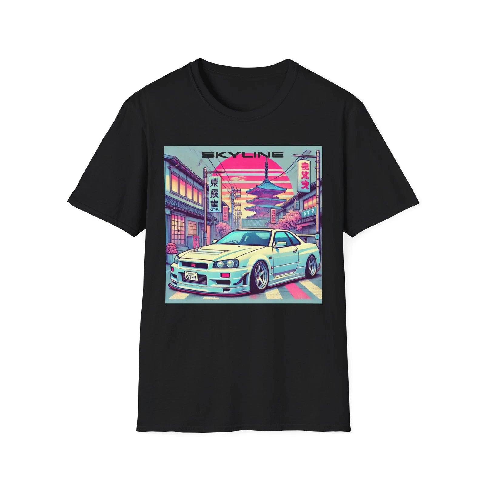 Skyline R34 GT-R Tokyo Pagoda Cherry Blossom JDM Vaporwave Graphic T-Shirt
