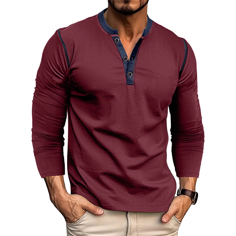 Mens Henley Shirt Casual Shirts Long Sleeve Button Tops Blouse