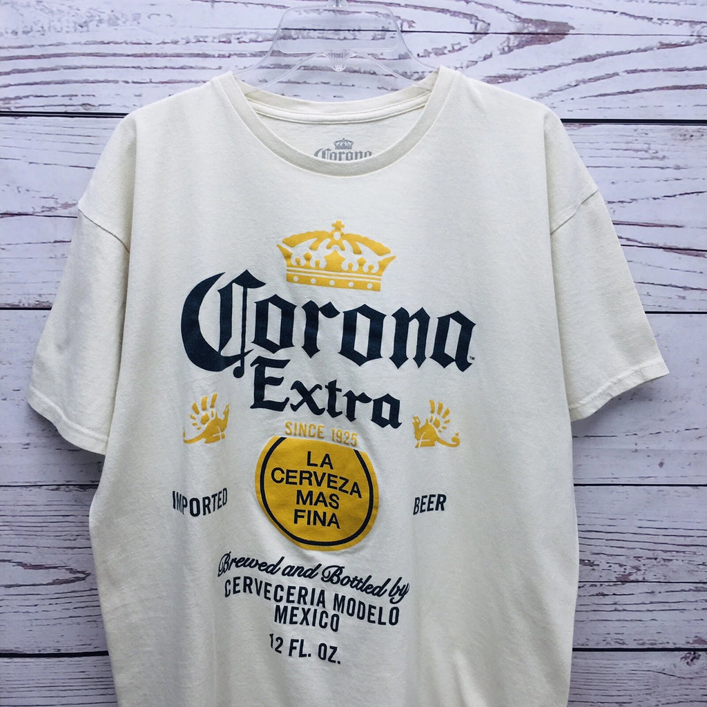 Corona Men's T Shirt Size XL Extra Cerveza Beer Logo Cream Graphic Tee Crew Neck