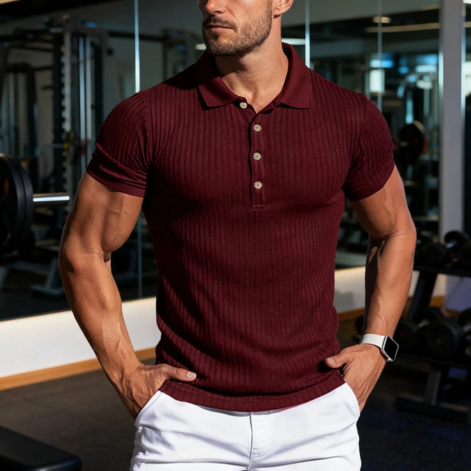 Wine Red M Men Short Sleeve Muscle Shirts Turn Down Collar Pure Color Strip OT