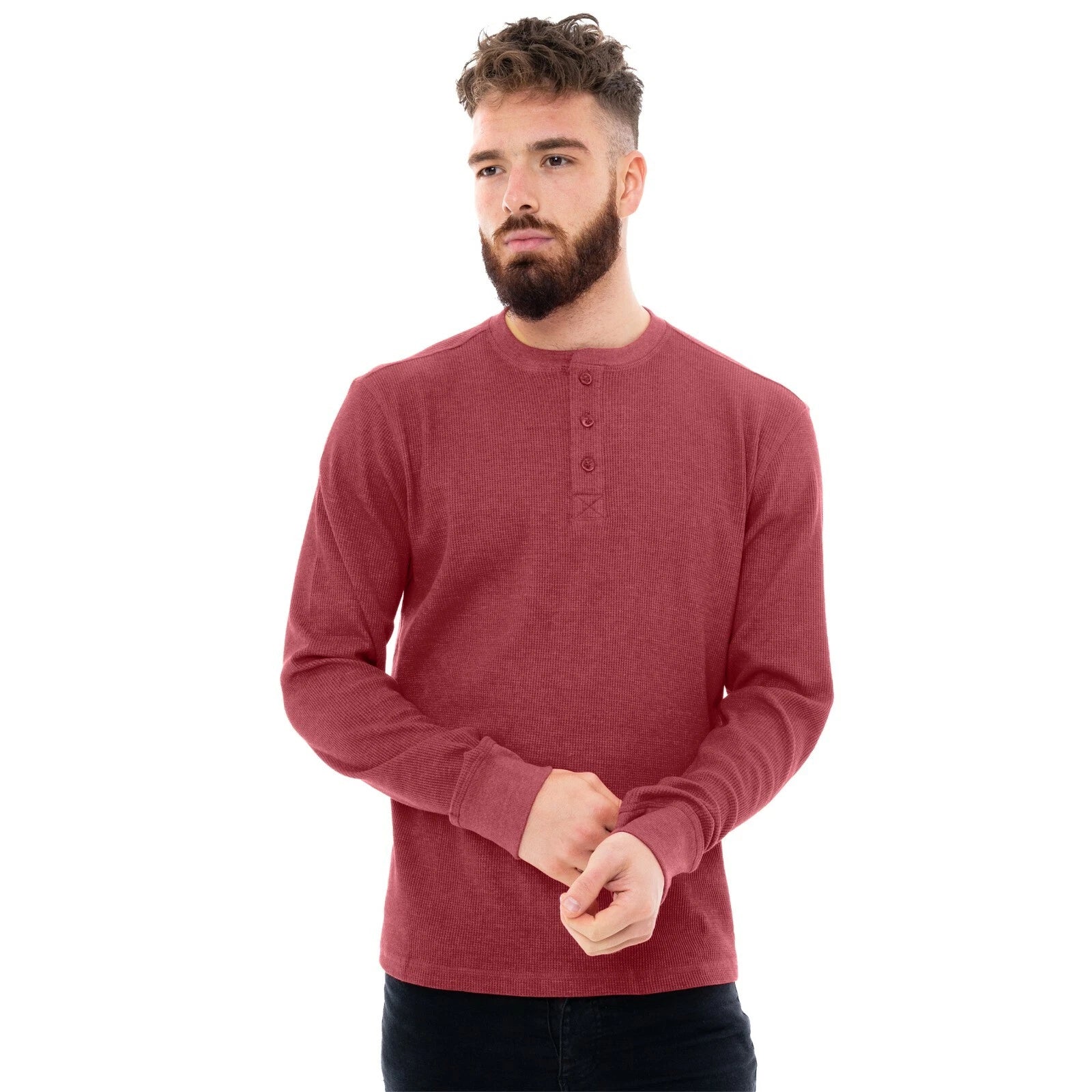 Mens Henley Jumper Top T-Shirt Thermal Plain Grandad Neck Waffle Knit Long Sleev