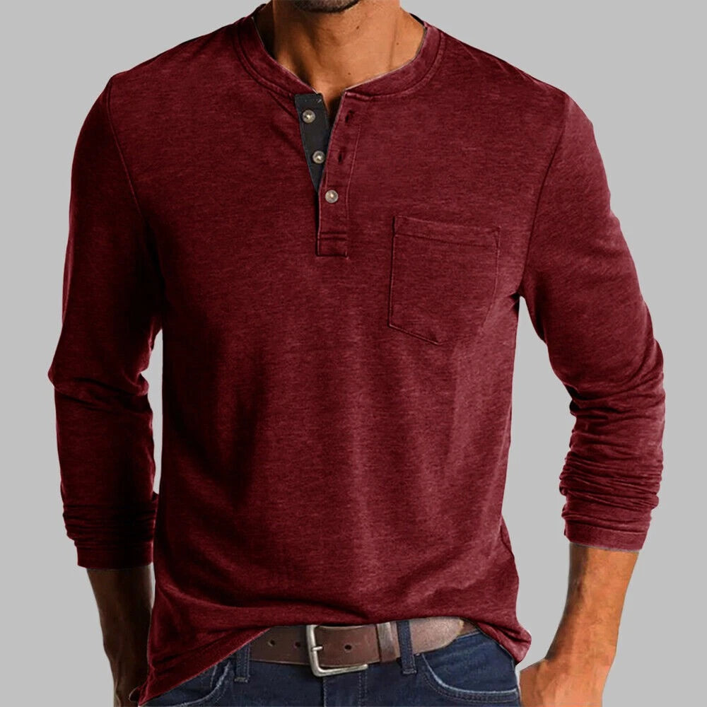 Mens Casual Long Sleeve T-shirt Henley Grandad V Neck Button Solid Tee Shirt Top