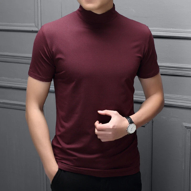 Men Stretch Turtle High Neck T Shirt Casual Short Sleeve Slim Jumper Basic Tops☽