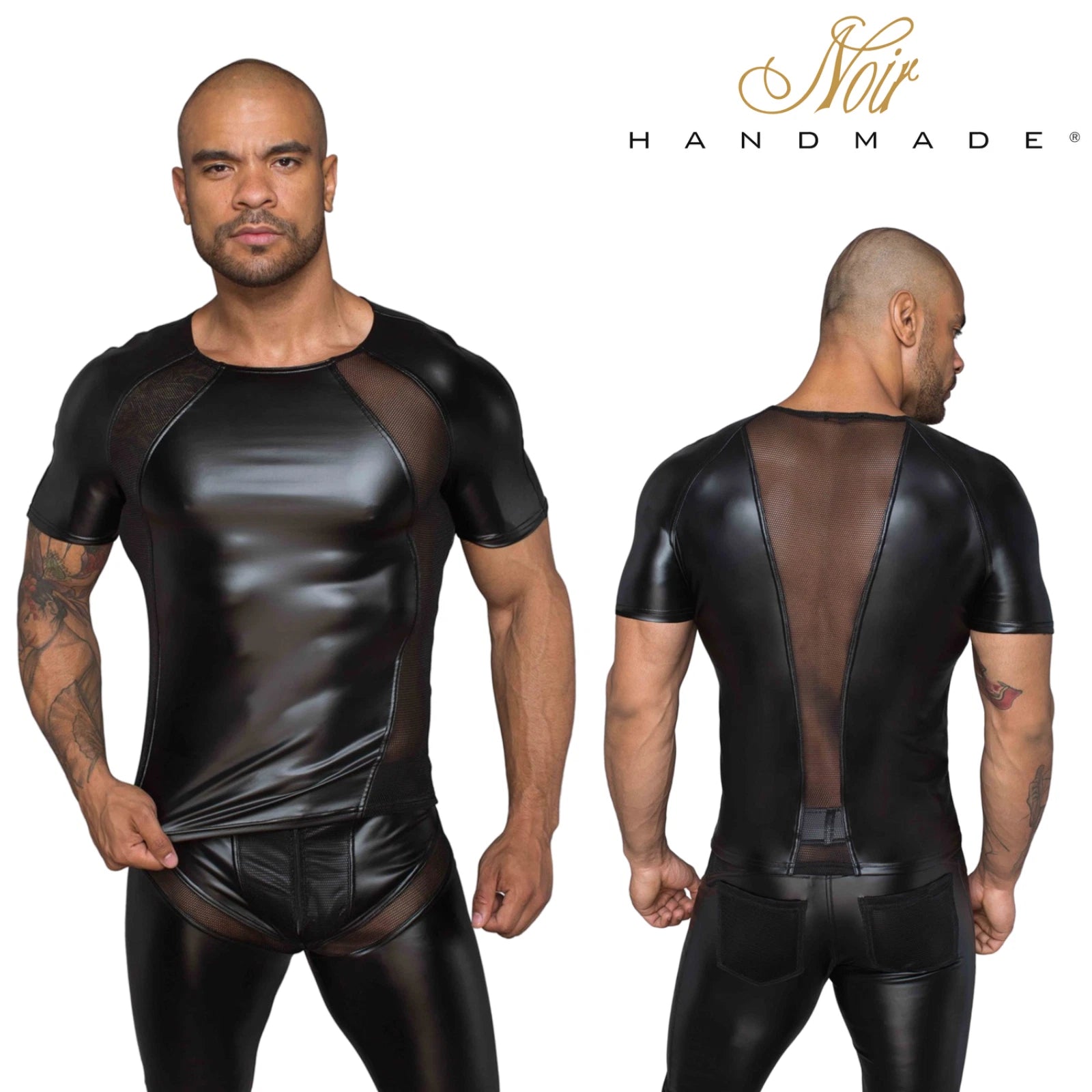 Noir Handmade Men’s Black Wet look T-Shirt with 3D Mesh Inserts BDSM clothes