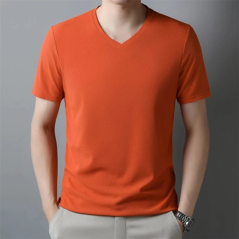 Mens Summer Waffle Knit T Shirt Soft Breathable V Neck Casual Tee Top