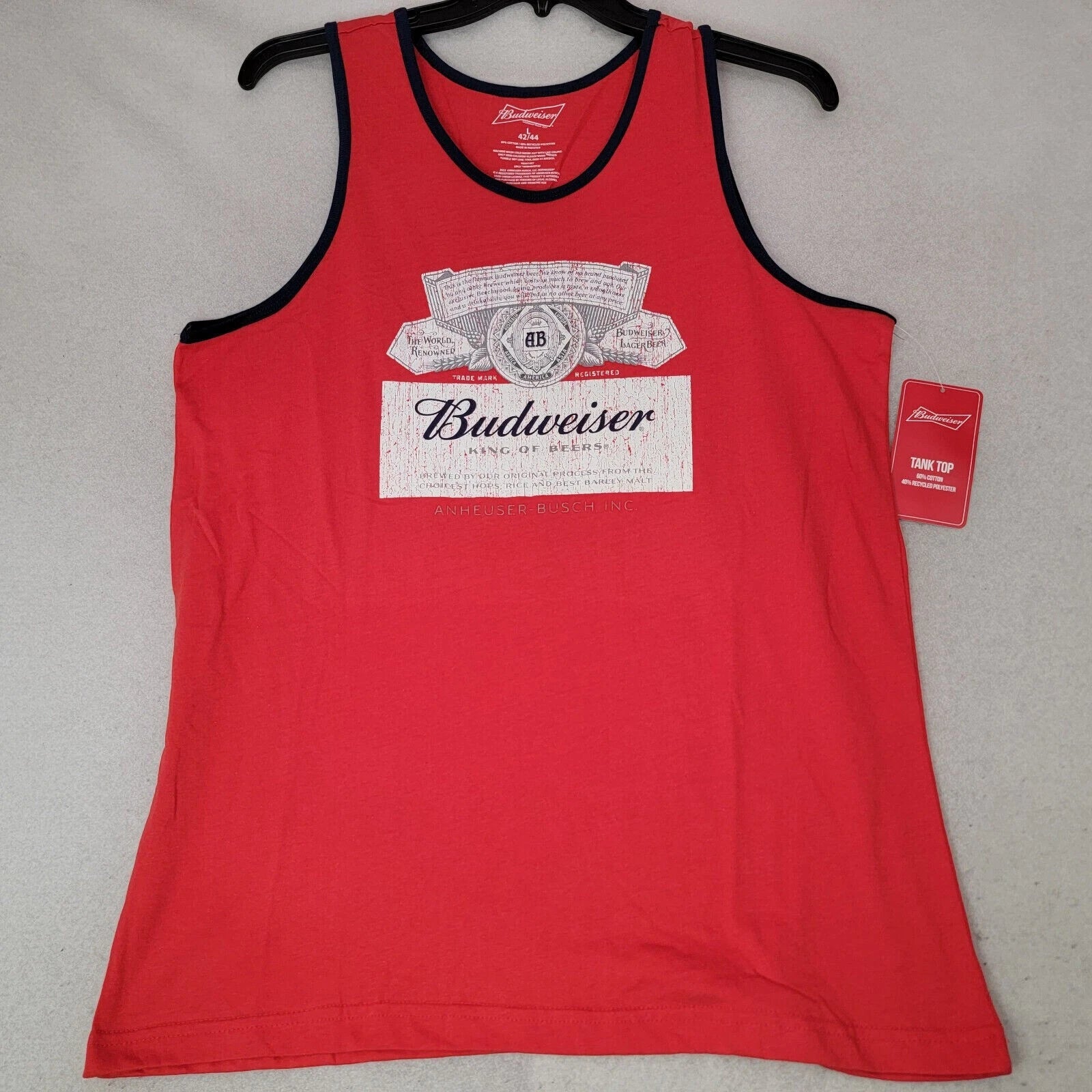 Budweiser Beer Tank Top Shirt Mens Large Red Muscle Distressed Pullover USA NWT