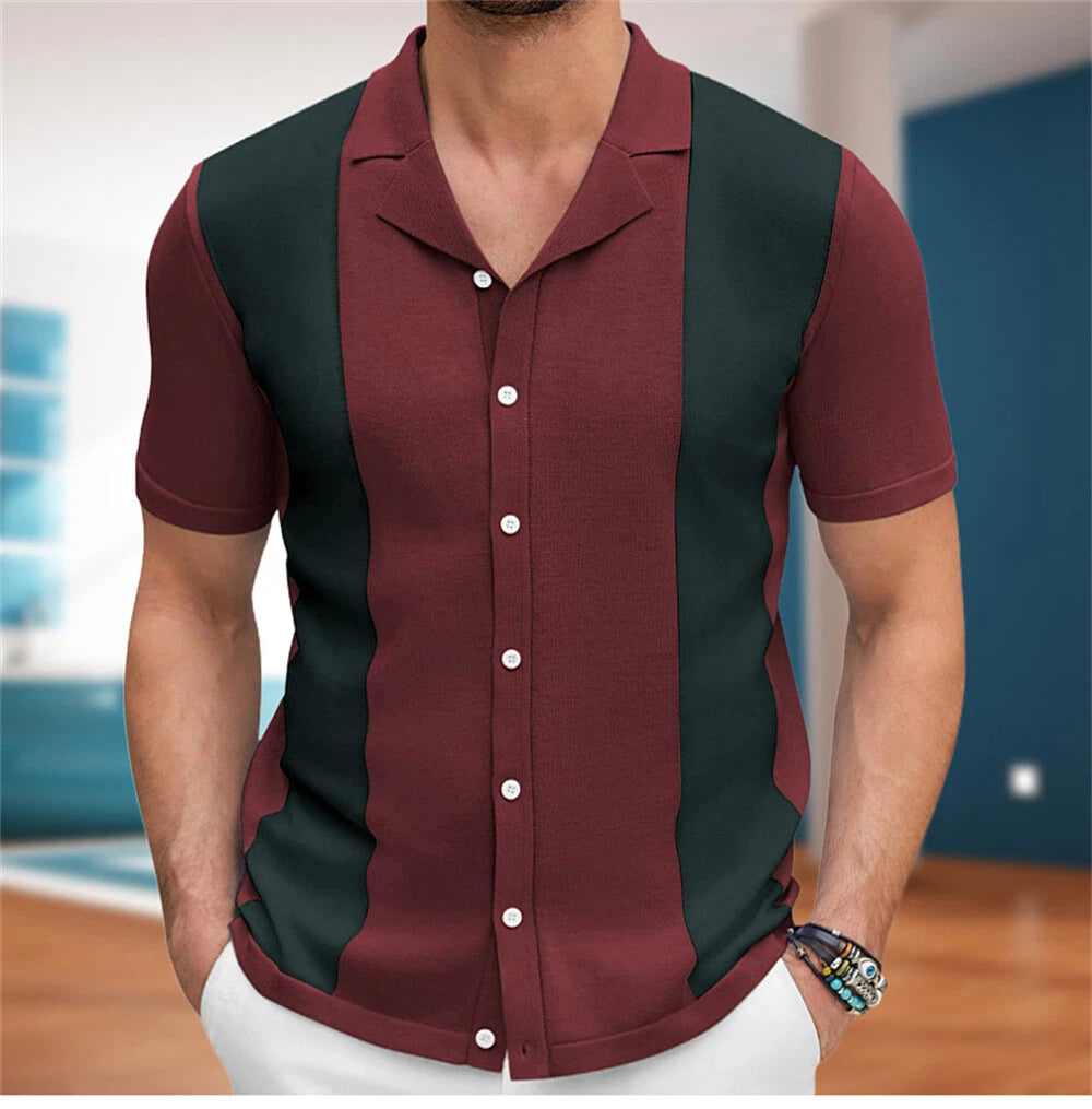 Men's Knitted Shirt Casual Slim Shirts Short Sleeve Button Down Tops Blouse