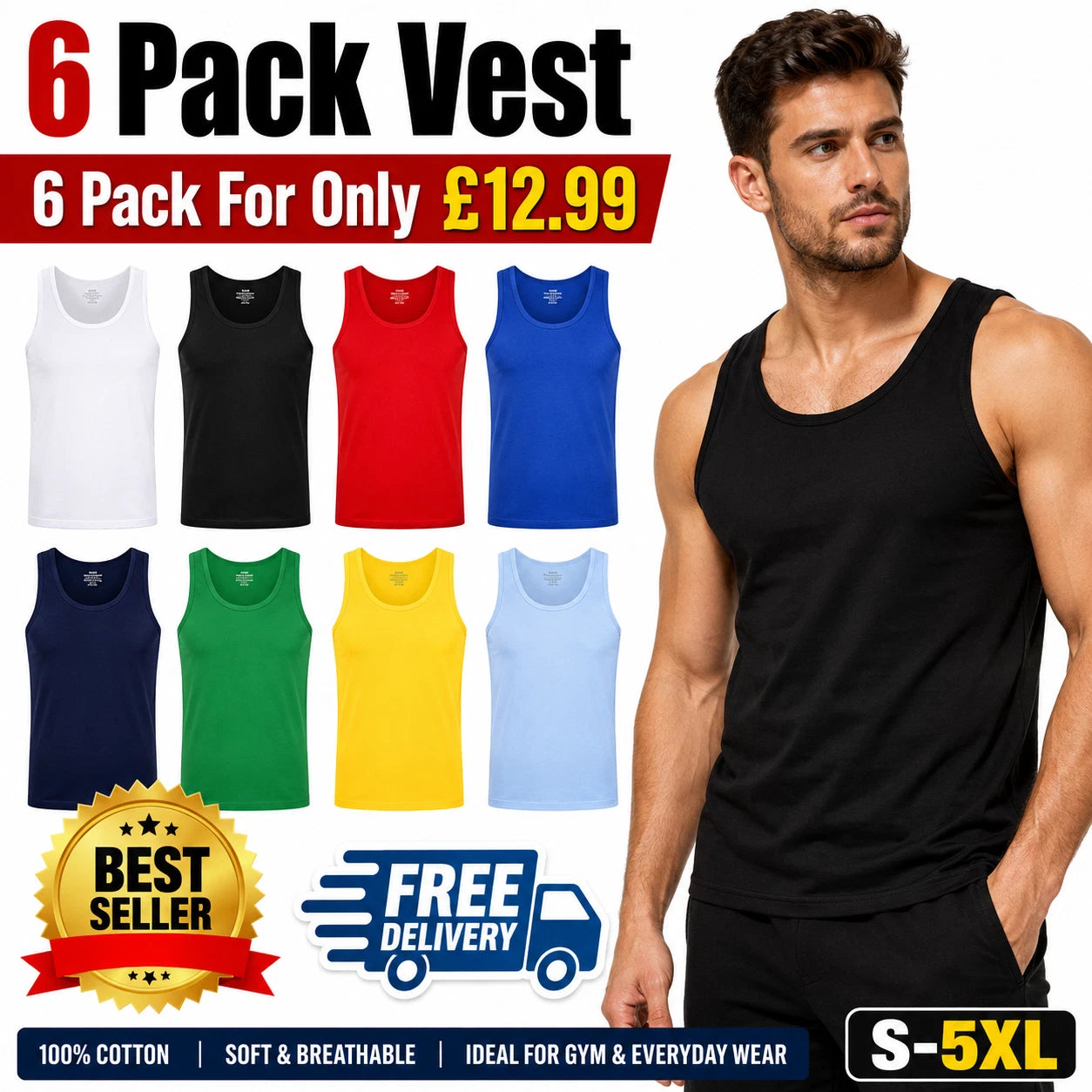 6 PACK 3 Men's Vest Tops 100% Cotton Plain Classic Summer Training Gym Tank Top