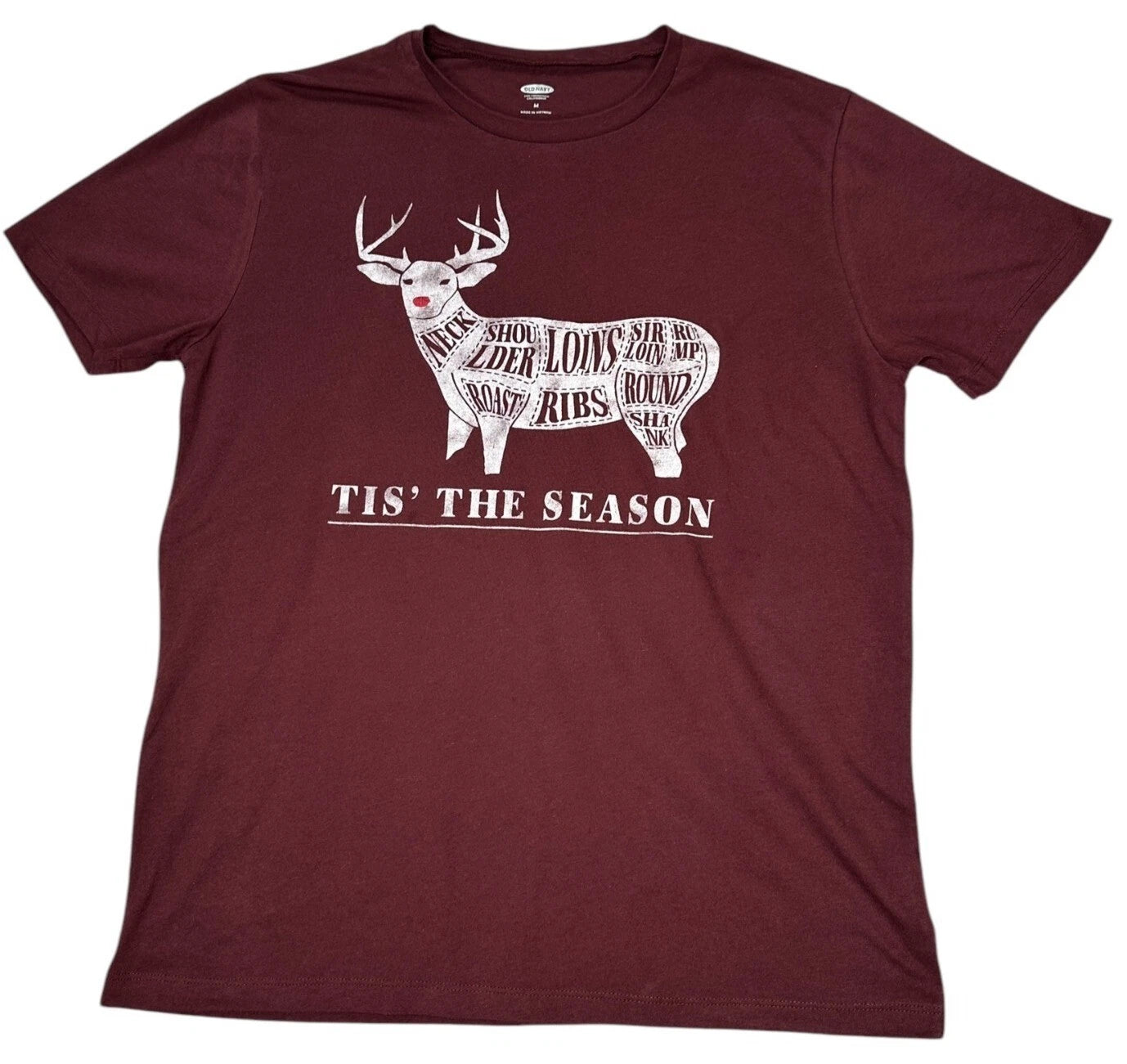 Old Navy Red Wine Tis The Season Deer Print T-Shirt Mens Size M Cotton Blend