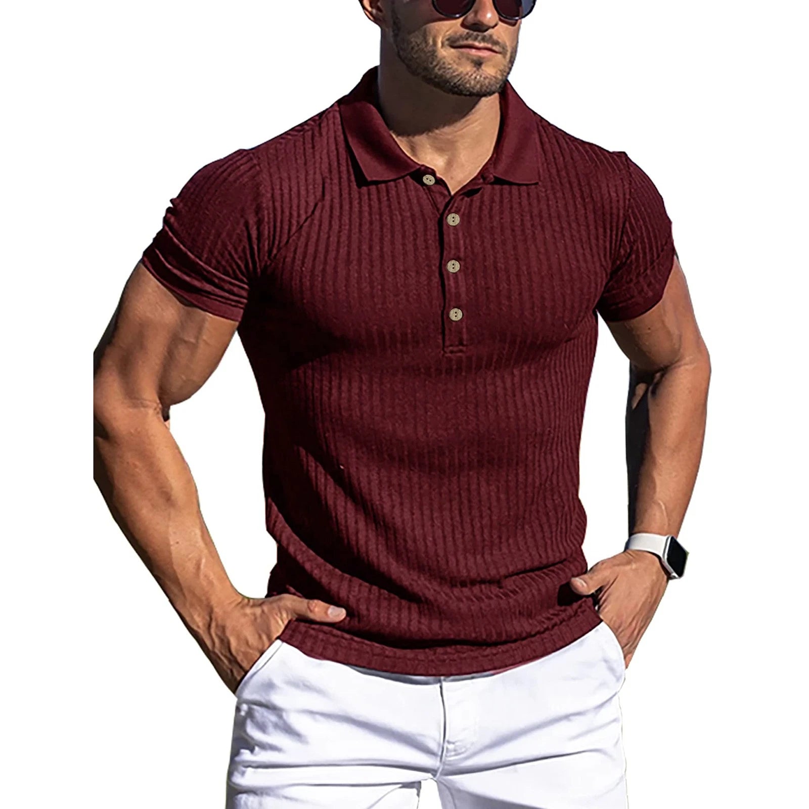 Wine Red M Men Short Sleeve Muscle Shirts Turn Down Collar Pure Color Stripe HOT
