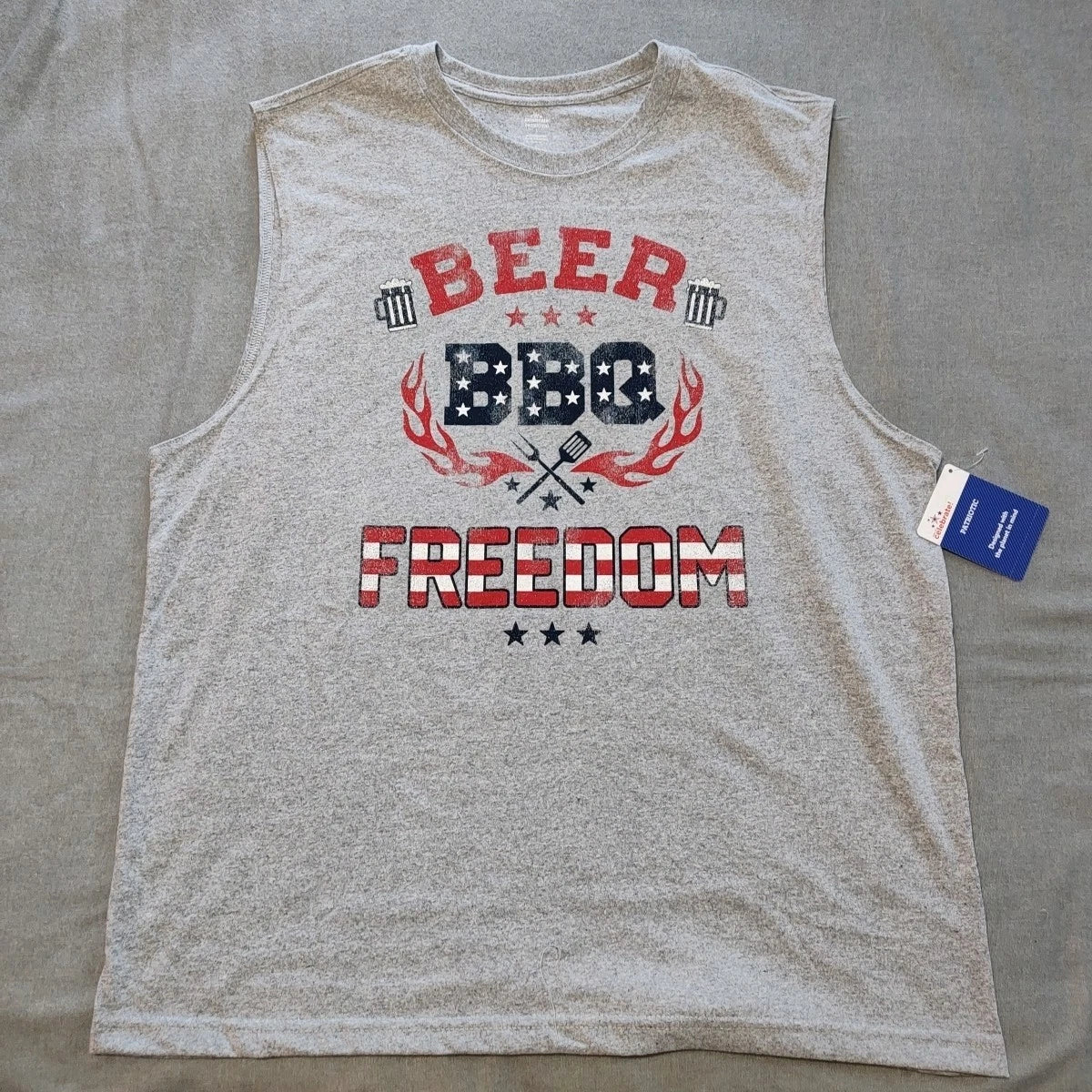 "Beer, BBQ, Freedom" - Gray/Red/White/Blue - Patriotic Muscle Shirt - Men's