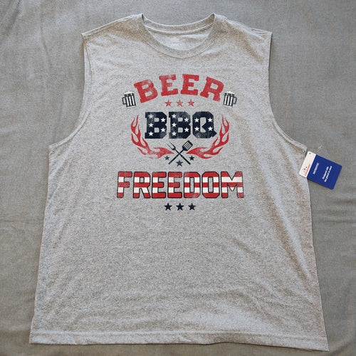 "Beer, BBQ, Freedom" - Gray/Red/White/Blue - Patriotic Muscle Shirt - Men's