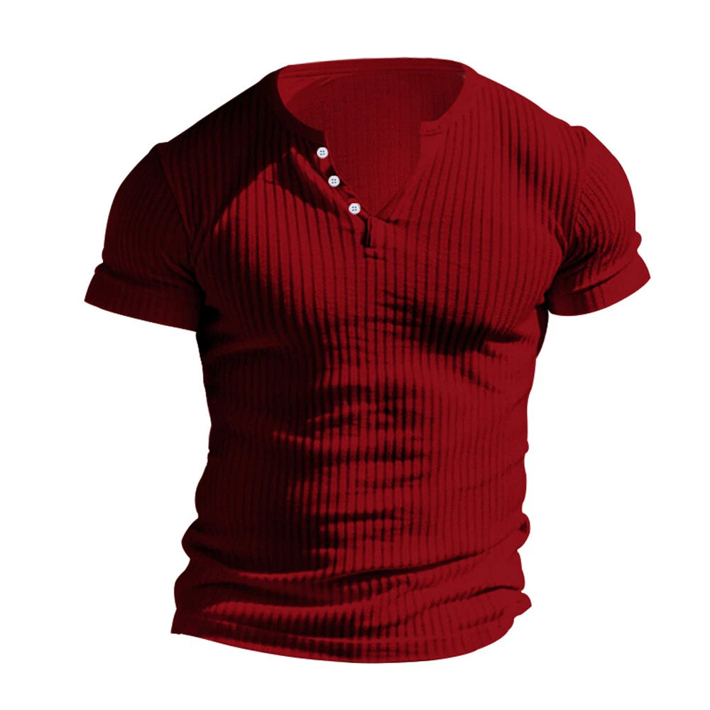 Fashionable Muscle Tops Tee Men's Ribbed Short Sleeve T Shirt Buttons V Neck