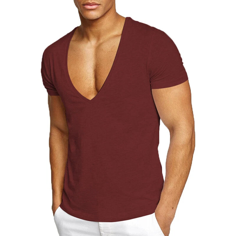 Men Deep V Neck T-Shirt Tunic Tops Pullover Shirt Tees Slim Fit T-Shirt Fashi ↲
