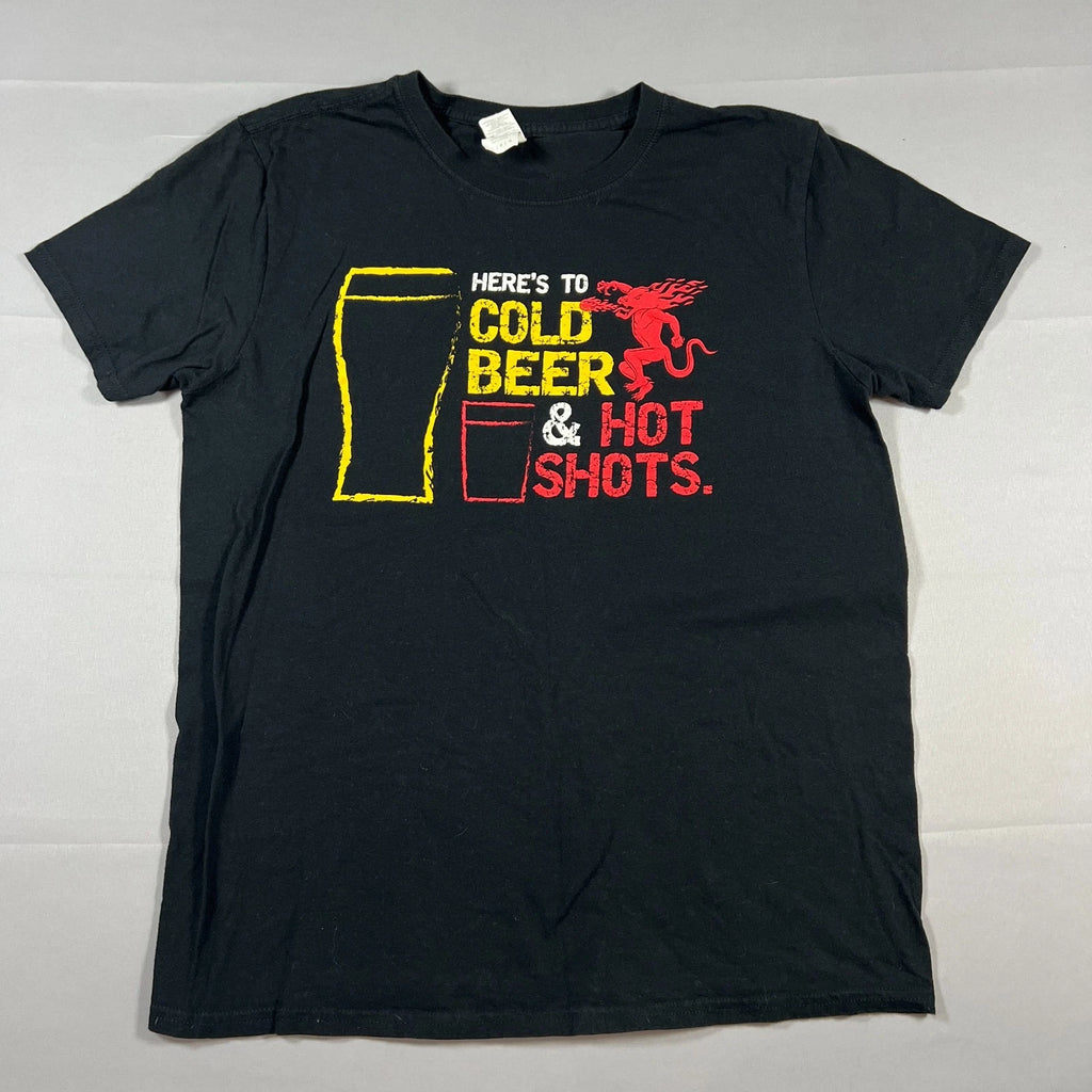 Gildan Cold Beer & Hot Shots T Shirt Mens Large Black Cotton Softstyle Graphic