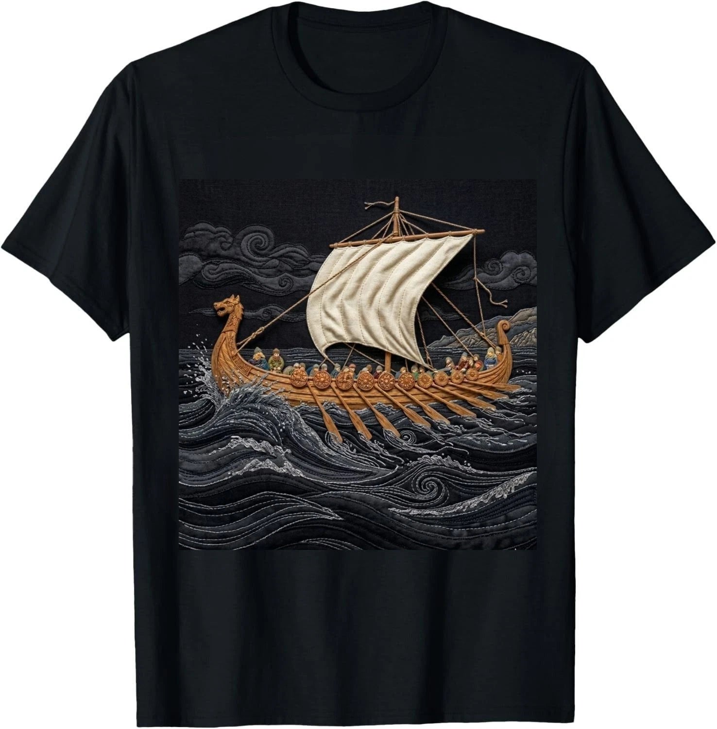 Viking Longship Patchwork T-Shirt Norse Warrior Graphic Gift Tee