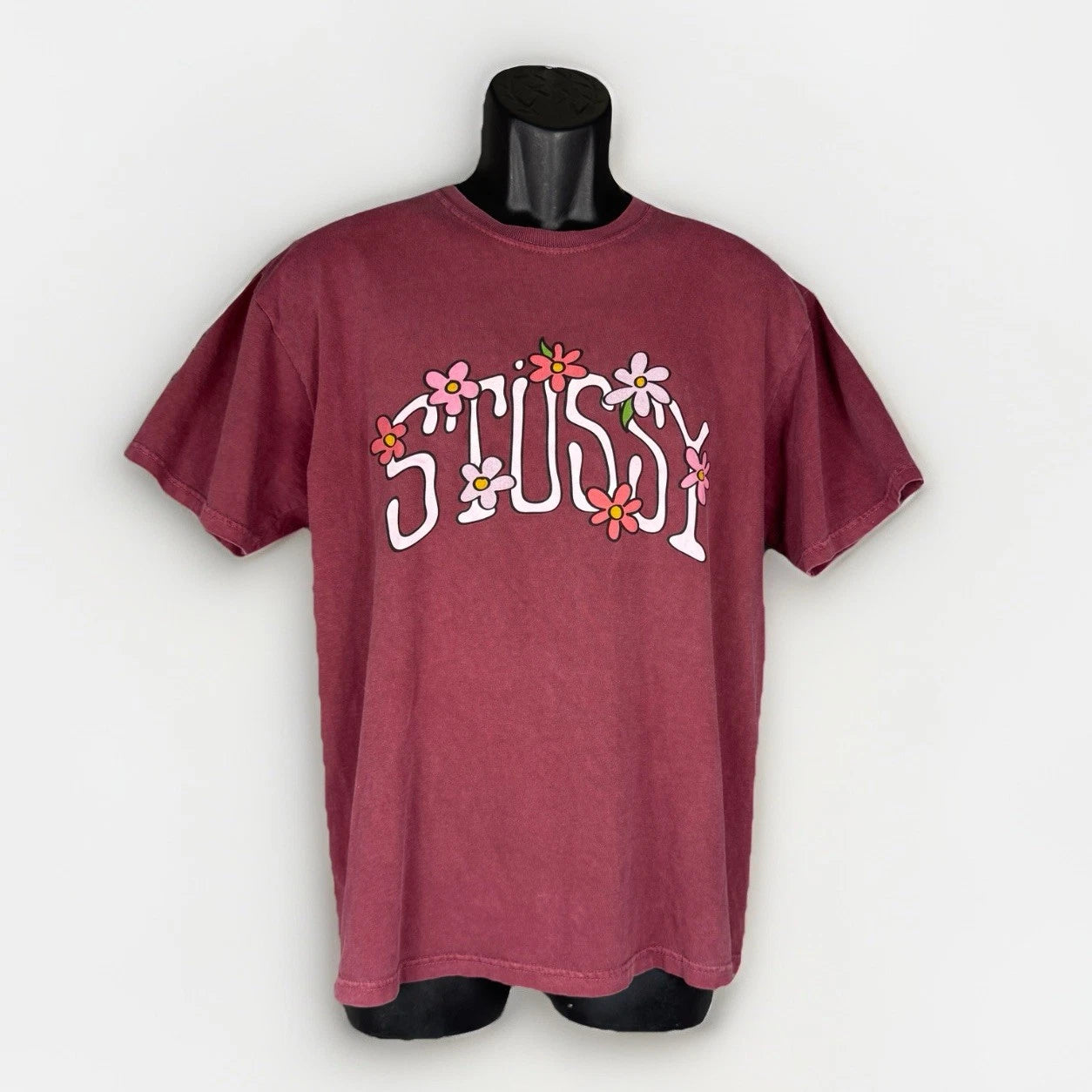 Stüssy Flower Collegiate Tee Pig Dyed Graphic Tee Wine Men’s Size M