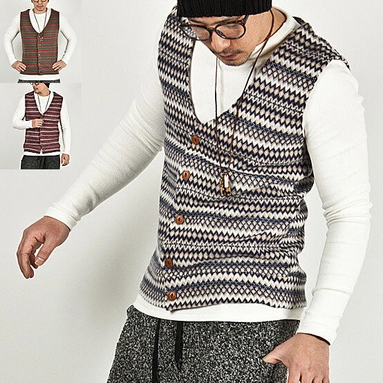 NewStylish Mens Fashion Tee Top Colorful Bohemian Jacquard V-neck Vest