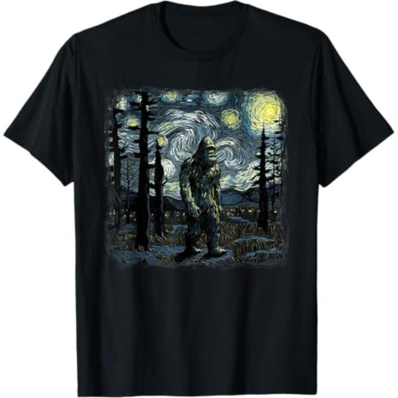 short sleeve shirt  Bigfoot Starry Night Sasquatch Van Gogh Sky Painting Art T-Shirt style 02 Hoodie Sweatshirt