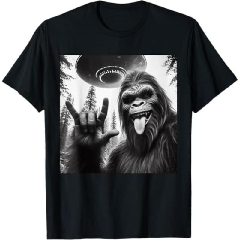 short sleeve shirt  Funny Sasquatch Bigfoot Rock On Selfie With UFO Alien T-Shirt Hoodie Sweatshirt | PrintMintTees.com